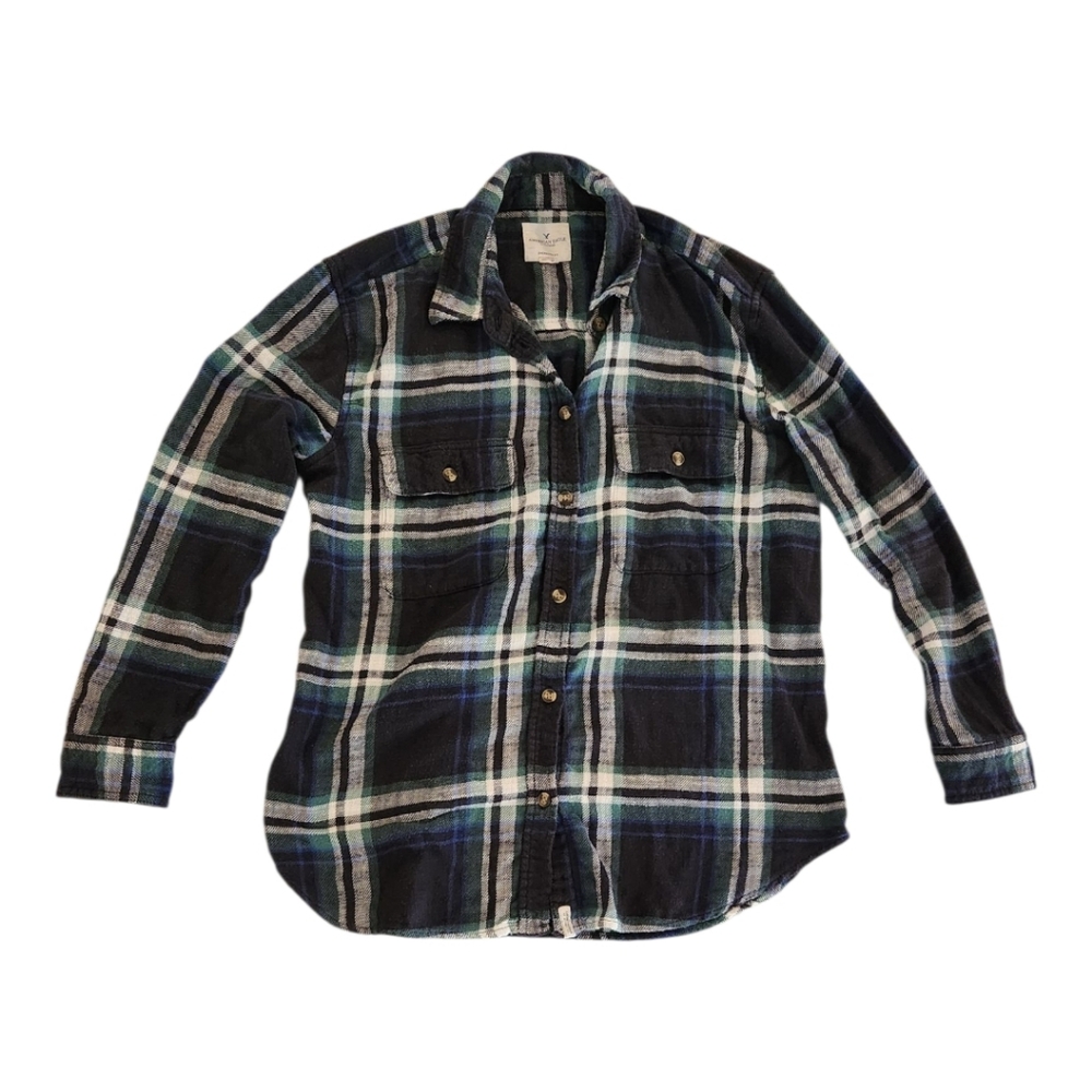 American Eagle Oversized Fit Blue & Black Plaid Flannel Shirt - Women's Small